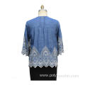 Women's Tencel Denim Bordering Embroidery Blouse